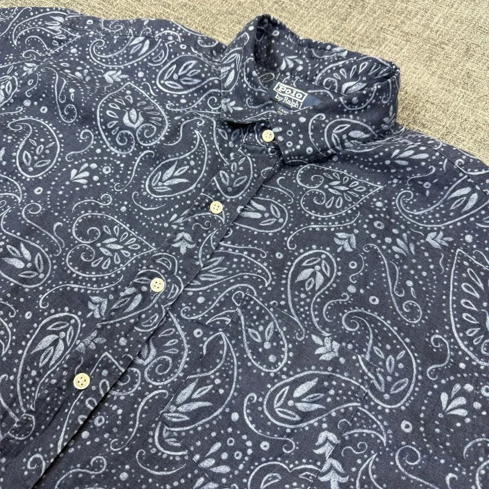 Vtg Polo Ralph Lauren Cambridge Linen Shirt Men's‎ XL Blue Paisley 1/2 Button Up